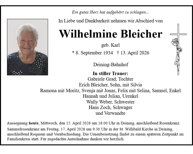 Wilhelmine Bleicher aus Deining-Bahnhof